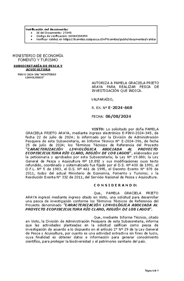 R. EX. Nº E-2024-668 AUTORIZA A PAMELA GRACIELA PRIETO ARAYA PARA REALIZAR PESCA DE INVESTIGACIÓN QUE INDICA. (Publicado en Página Web 07-08-2024)