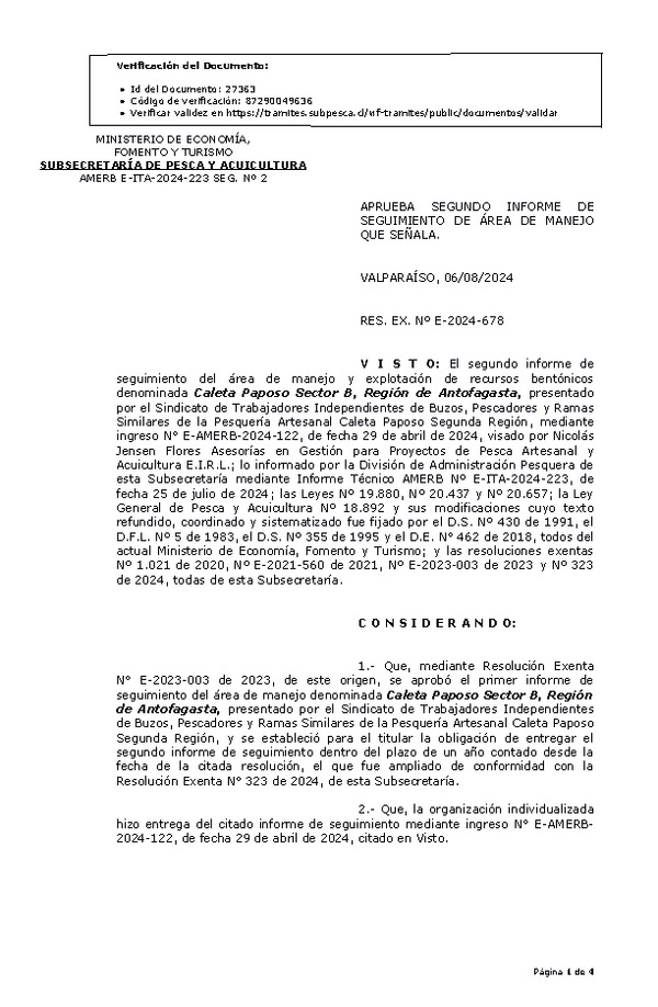RESOL. EXENTA Nº E-2024-678 Aprueba segundo informe de seguimiento. (Publicado en Página Web 07-08-2024)