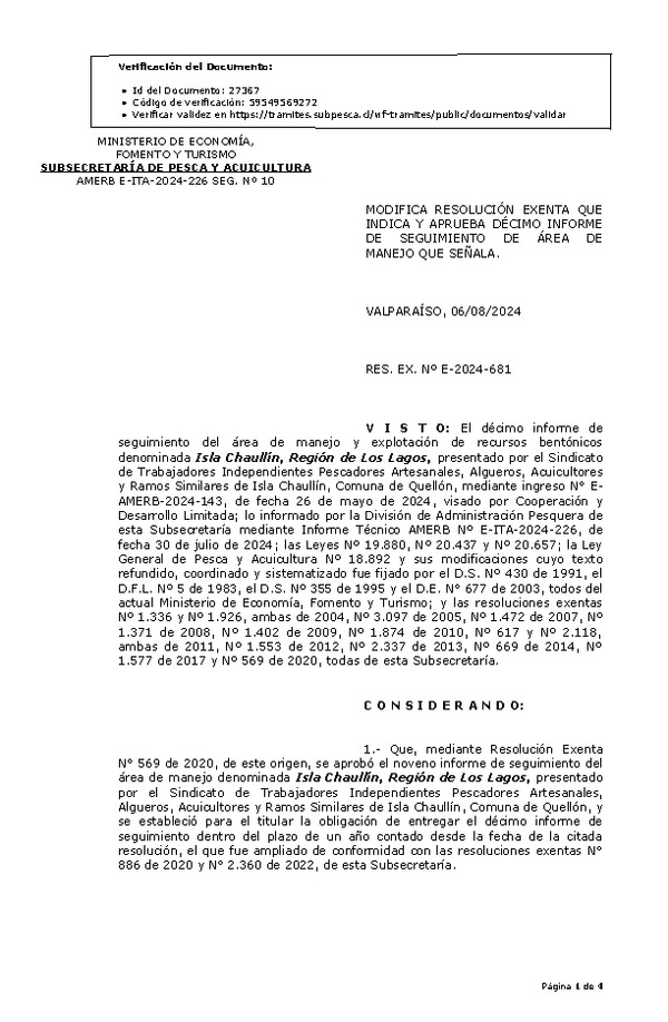 RESOL. EXENTA Nº E-2024-681 Modifica resolución que indica. Aprueba décimo informe de seguimiento. (Publicado en Página Web 07-08-2024)