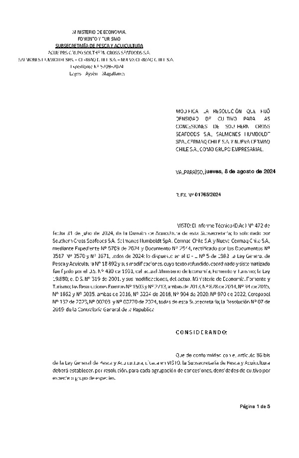 Res. Ex. N° 1765-2024 Modifica Res. Ex. N° 203-2024 Fija densidad de cultivo para las concesiones de acuicultura de titularidad de Southern Cross Seafoods S.A., Salmones Humboldt SpA, Cermaq Chile S.A. y Nueva Cermaq Chile S.A., como grupo empresarial. Aprueba Programa de Manejo que Indica. (Con informe técnico) (Publicado en Página Web 08-08-2024)