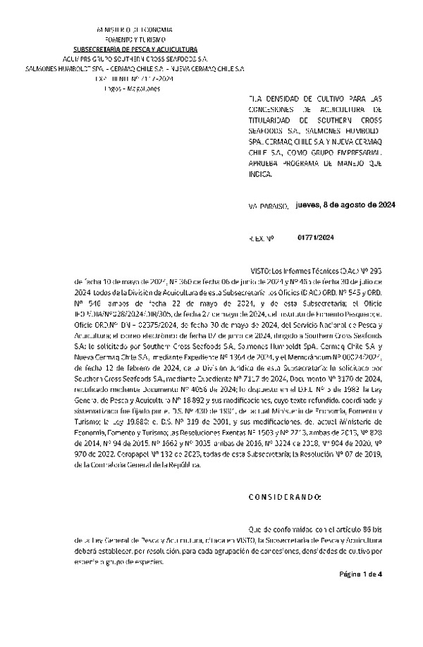 Res. Ex. N° 1771-2024 Fija densidad de cultivo para las concesiones de acuicultura de titularidad de Southern Cross Seafoods S.A., Salmones Humboldt SpA., Cermaq Chile S.A. y Nueva Cermaq Chile S.A. como grupo Empresarial. Aprueba programa de manejo que indica. (Con Informe Técnico) (Publicado en Página Web 09-08-2024)