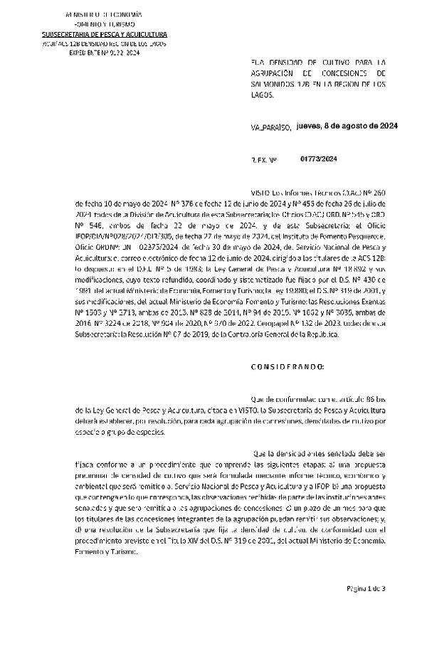 Res. Ex. N° 1773-2024 Fija densidad de cultivo para la agrupación de concesiones de salmónidos 12B en la Región de Los Lagos. (Con Informe Técnico) (Publicado en Página Web 09-08-2024)