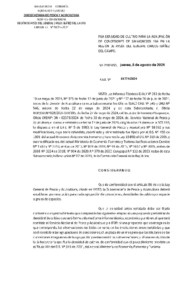 Res. Ex. N° 1774-2024 Fija densidad de cultivo para la agrupación de concesiones de salmónidos 19A en la Región de Aysén. (Con Informe Técnico) (Publicado en Página Web 09-08-2024)