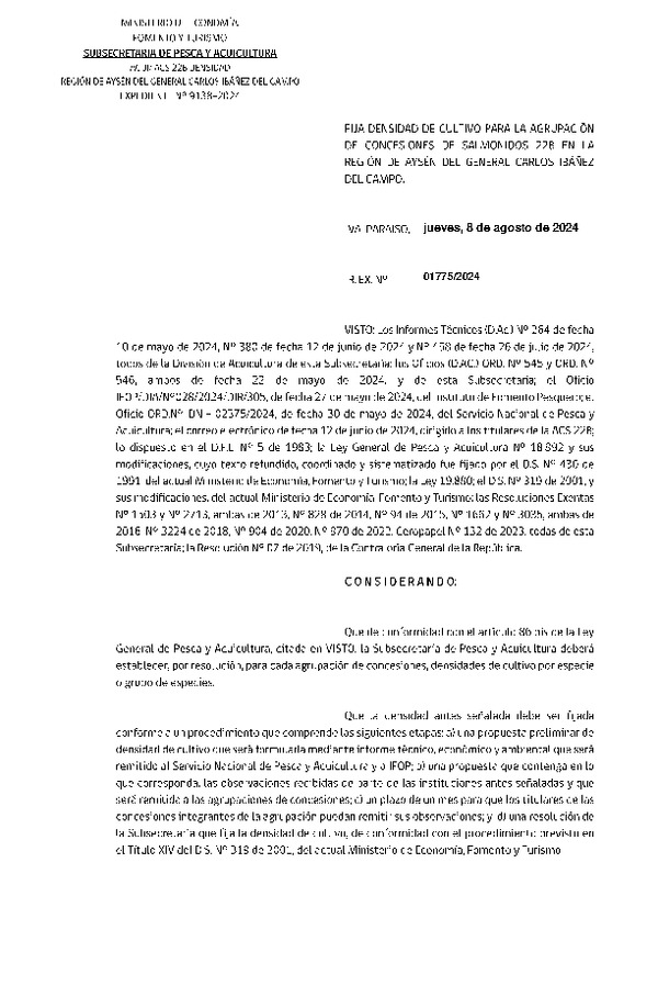 Res. Ex. N° 1775-2024 Fija densidad de cultivo para la agrupación de concesiones de salmónidos 22B en la Región de Aysén. (Con Informe Técnico) (Publicado en Página Web 09-08-2024)