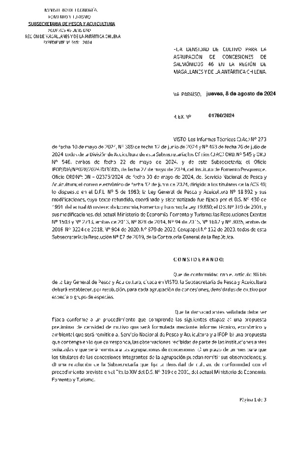 Res. Ex. N° 1780-2024 Fija densidad de cultivo para la agrupación de concesiones de salmónidos 46 en la Región de Magallanes y de La Antártica Chilena. (Con Informe Técnico) (Publicado en Página Web 09-08-2024)