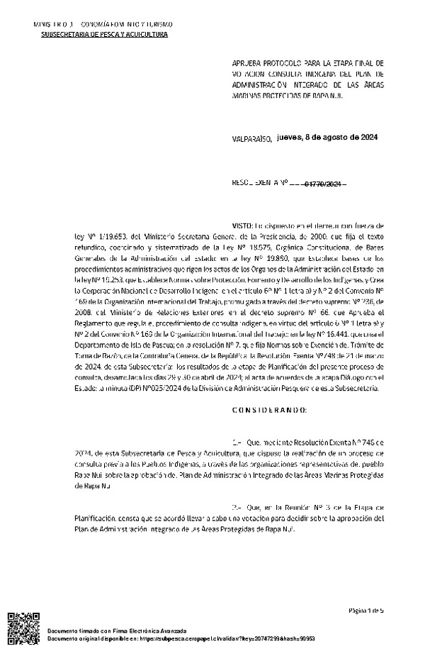Res. Ex N° 1770-2024 Aprueba protocolo para la etapa final de votación consulta indígena del Plan de Administración Integrado de las Áreas Marinas Protegidas de Rapa Nui. (Publicado en Página Web 12-08-2024)