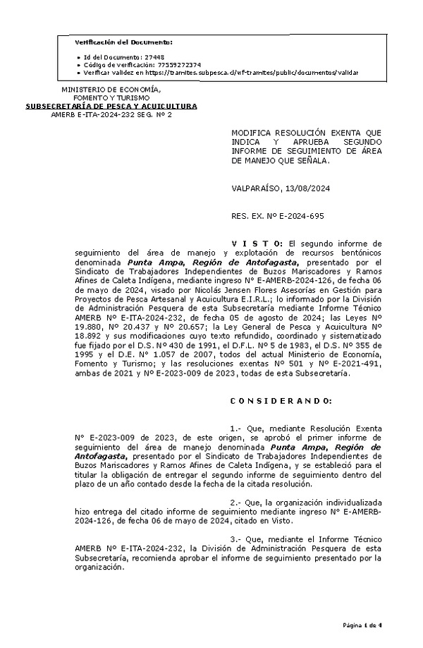 RESOL. EXENTA Nº E-2024-695 Modifica resolución que indica, Aprueba segundo informe de seguimiento. (Publicado en Página Web 13-08-2024)