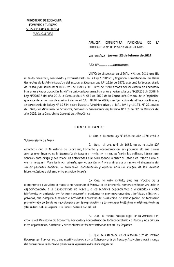 Res. Ex. N° 482-2024 Aprueba Estructura Funcional de la Subsecretaría de Pesca y Acuicultura.