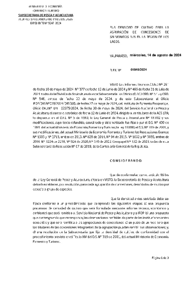 Res. Ex. N° 1849-2024 Fija densidad de cultivo para la agrupación de concesiones de salmónidos 17A en la Región de Los Lagos. (Con Informe Técnico) (Publicado en Página Web 16-08-2024)