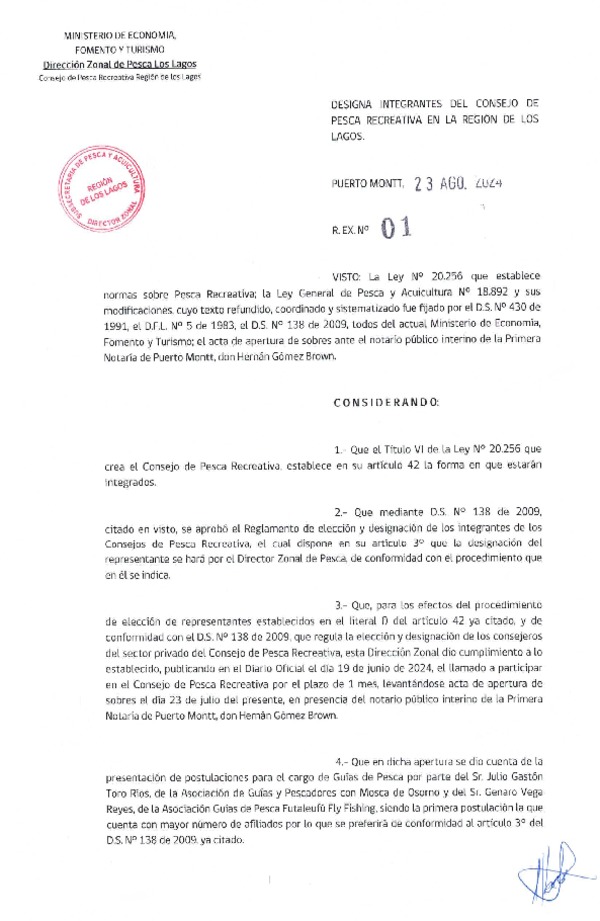 Res. Ex. Nº 01-2024 (DZP Los Lagos) Designa integrante del Consejo de Pesca Recreativa de la Región de Los Lagos. (Publicado en Página Web 23-08-2024)