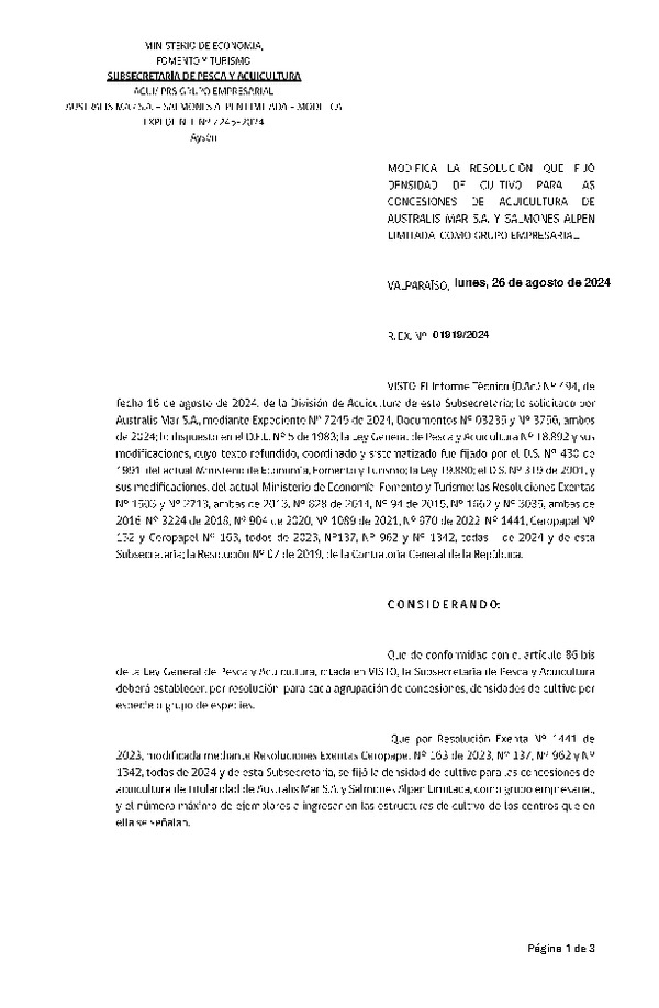 Res. Ex. N° 1919-2024 Modifica Res. Ex. N° 1441-2023 Fija densidad de cultivo para las concesiones de titularidad de Australis Mar S.A. y Salmones Alpen Limitada, como Grupo Empresarial. (Con informe técnico) (Publicado en Página Web 27-08-2024)