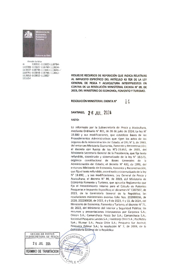 Res Min. Ex. N° 14-2024 Resuelve Recursos de Presentación que Indica Relativas al Impuesto Específico del Artículo 43 Ter de la Ley General de Pesca y Acuicultura, Interpuesto en Contra de la Res. Min Ex. 09 de 2023.