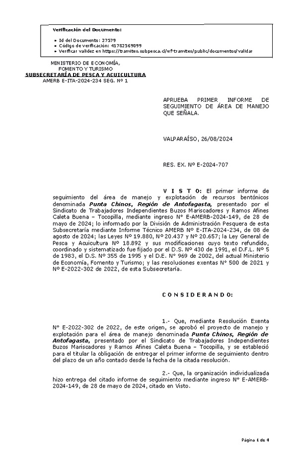 RESOL. EXENTA Nº E-2024-707 Aprueba primer informe de seguimiento. (Publicado en Página Web 28-08-2024)