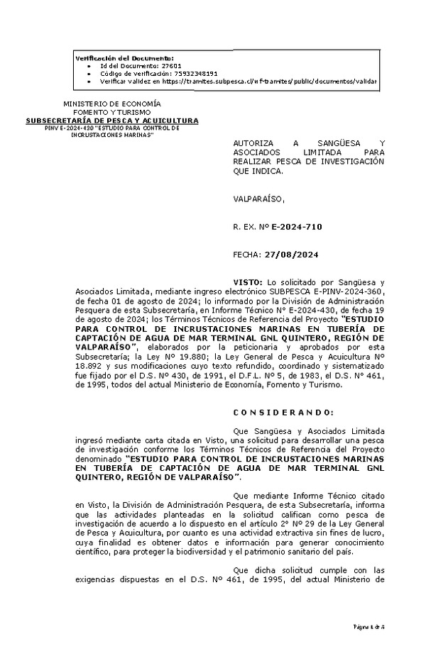R. EX. Nº E-2024-710 AUTORIZA A SANGÜESA Y ASOCIADOS LIMITADA PARA REALIZAR PESCA DE INVESTIGACIÓN QUE INDICA. (Publicado en Página Web 23-08-2024)