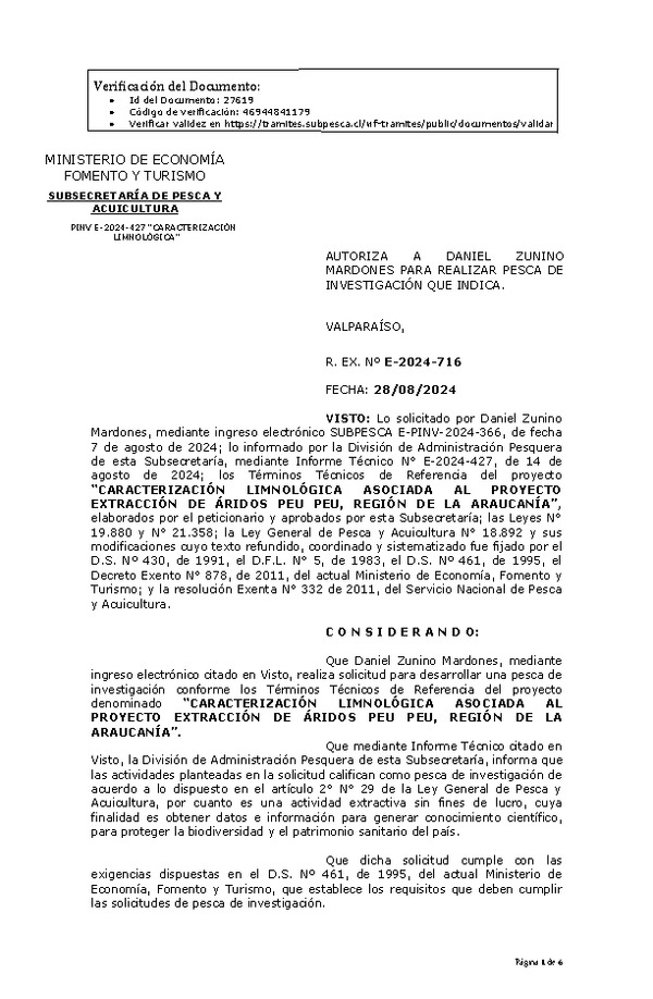 R. EX. Nº E-2024-716 AUTORIZA A DANIEL ZUNINO MARDONES PARA REALIZAR PESCA DE INVESTIGACIÓN QUE INDICA. (Publicado en Página Web 28-08-2024)