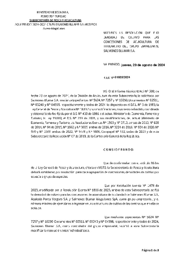 Res. Ex. N° 1935-2024 Modifica Res. Ex. N° 1478-2023 Fija densidad de cultivo para las concesiones de acuicultura de titularidad de Salmones Blumar S.A., Acuícola Punta Vergara S.A. y Salmones Blumar Magallanes SpA, como grupo Empresarial. (Publicado en Página Web 29-08-2024)