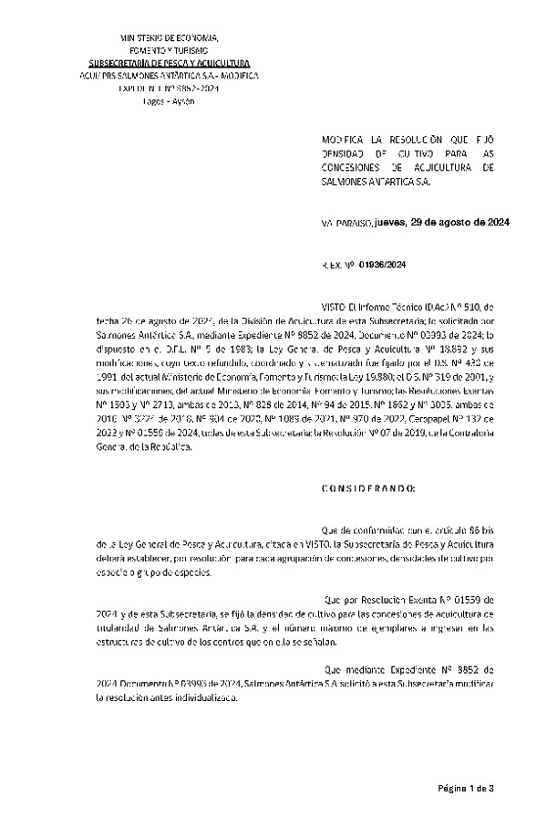 Res. Ex. N°1936-2024 Modifica Res. Ex. N° 1559-2024 Fija densidad de cultivo para las concesiones de acuicultura de titularidad de Salmones Antártica S.A. Aprueba programa de manejo que indica. (Con Informe Técnico) (Publicado en Página Web 29-08-2024)