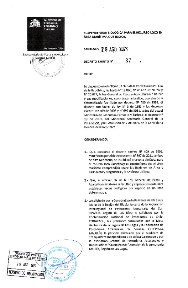 Dec. Ex. N°37-2024. Suspende Veda Biológica para el Recurso Loco, en el Área Marítima que Indica. (Publicado en Página Web 30-08-2024)