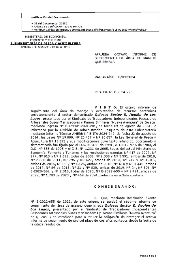RES. EX. Nº E-2024-728 Aprueba octavo informe de seguimiento. (Publicado en Página Web 04-09-2024)