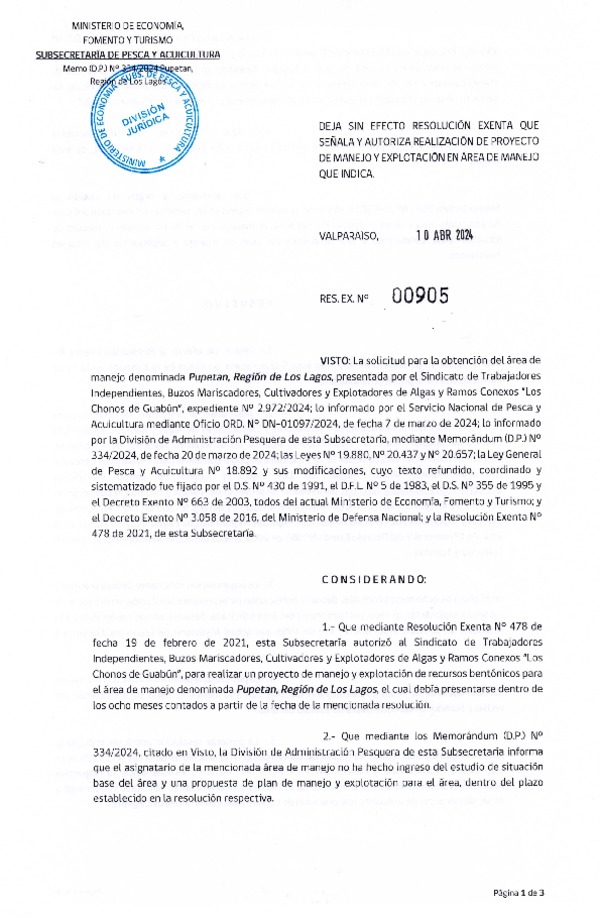 Res. Ex. N° 905-2024 Deja sin efecto resolución que indica. Autoriza realización de proyecto de manejo. (Publicado en Página Web 04-09-2024)