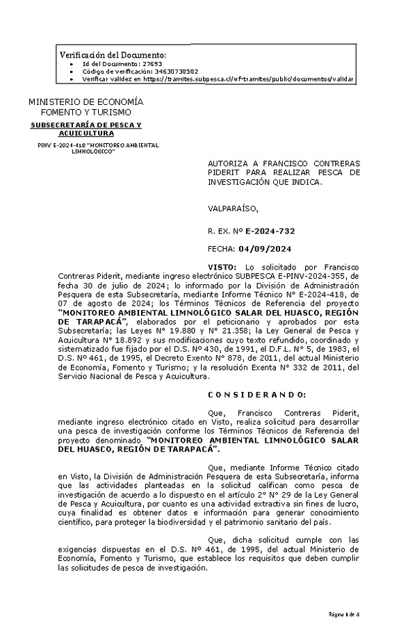 R. EX. Nº E-2024-732 AUTORIZA A FRANCISCO CONTRERAS PIDERIT PARA REALIZAR PESCA DE INVESTIGACIÓN QUE INDICA. (Publicado en Página Web 05-09-2024)