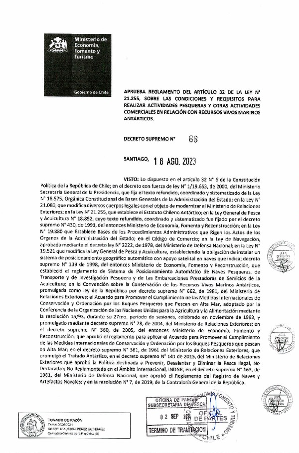 D.S. N° 68-2023 Aprueba Reglamento del Artículo 32 de la Ley N° 21.255, Sobre las Condiciones y Requisitos para Realizar Actividades Pesqueras y Otras Actividades Comerciales en Relación con Recursos Vivos Marinos Antárticos. (Publicado en Página Web 09-09-2024) (F.D.O. 09-09-2024)
