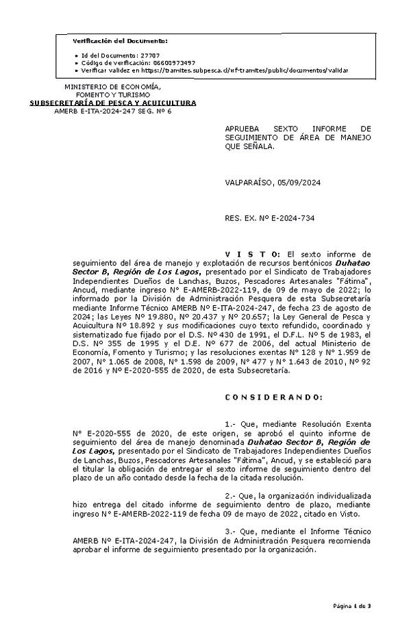 RES. EX. Nº E-2024-734 Aprueba sexto informe de seguimiento. (Publicado en Página Web 09-09-2024)