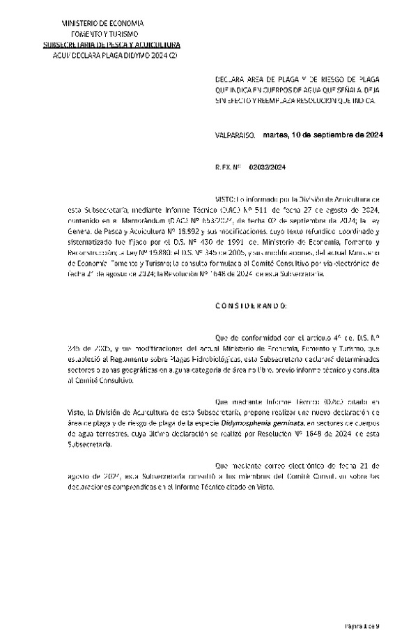 Res. Ex. N° 2032-2024 Declara Área de Plaga y de Riesgo de Plaga que Indica, en Cuerpos de Agua que Señala, Deja sin Efecto y Reemplaza Resolución que Indica. (Publicado en Página Web 10-09-2024)