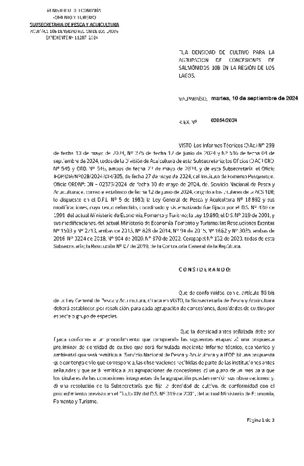 Res. Ex. N° 2054-2024 Fija densidad de cultivo para la agrupación de concesiones de salmónidos 10B en la Región de Los Lagos. (Con Informe Técnico) (Publicado en Página Web 11-09-2024)