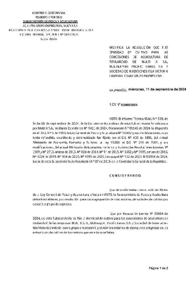 Res. Ex. N° 2060-2024 Modifica Res. Ex. 0064-2024 Fija densidad de cultivo para las concesiones de acuicultura de titularidad de Multi X S.A., Multiexport Pacific Farms D.S. Y Sociedad de Inversiones Isla Victoria Limitada. (Con Informe Técnico) (Publicado en Página Web 12-09-2024)