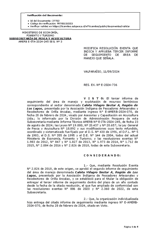 Res. Ex. N° 736-2024 Modifica resolución que indica, Aprueba tercer informe de Seguimiento. (Publicado en Página Web 16-09-2024)