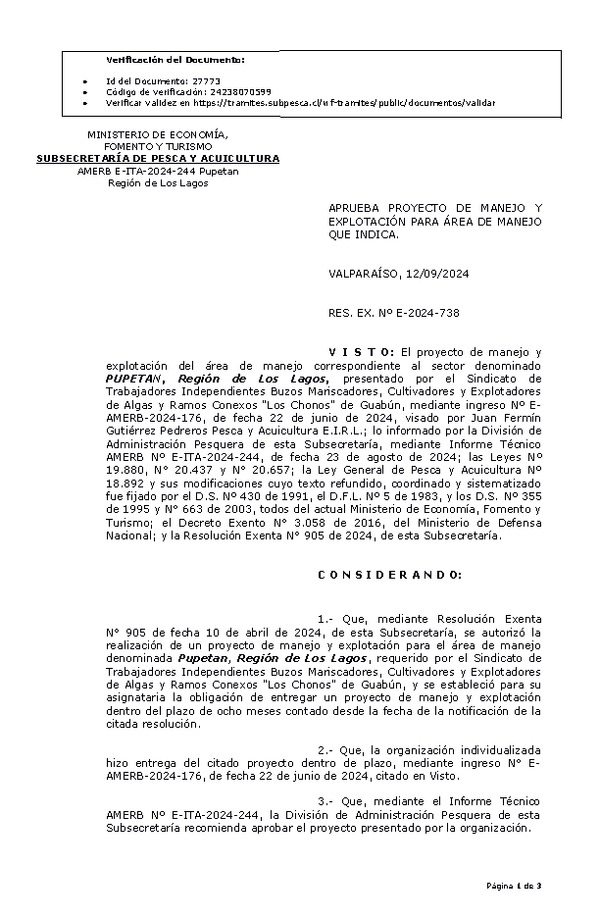 Res. Ex. N° 738-2024 Aprueba Plan de manejo. (Publicado en Página Web 16-09-2024)