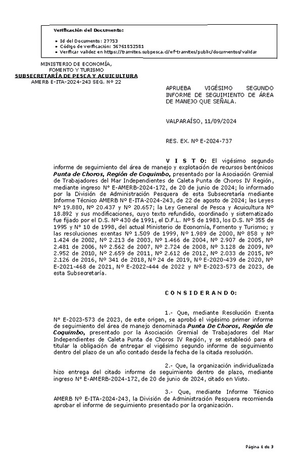Res. Ex. N° 737-2024 Aprueba Vigésimo segundo informe de seguimiento. (Publicado en Página Web 16-09-2024)