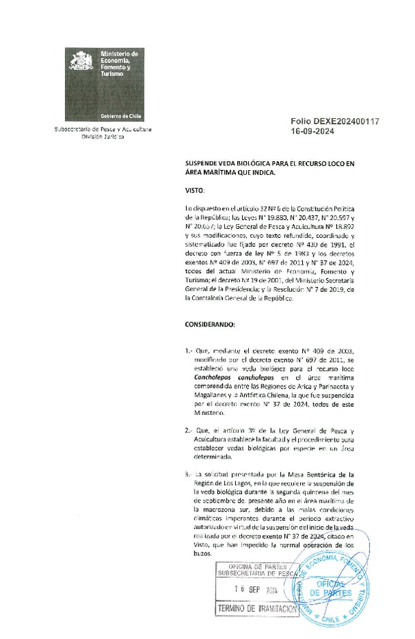 Dec. Ex. Folio 202400117 Suspende Veda Biológica para el Recurso Loco, en el Área Marítima que Indica. (Publicado en Página Web 16-09-2024)