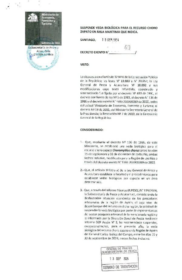 Dec. Ex. N° 40-2024. Suspende Veda Biológica para el Recurso Choro Zapato, en el Área Marítima que Indica. (Publicado en Página Web 16-09-2024)