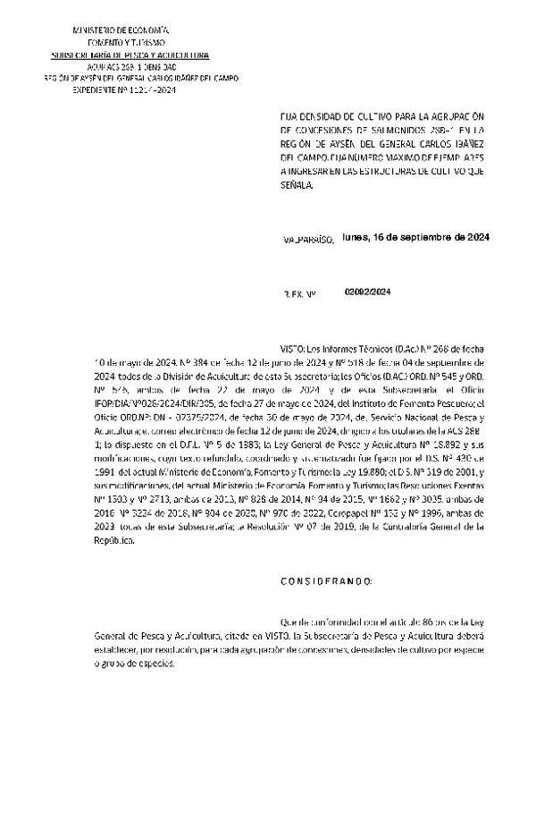 Res. Ex. N° 2092-2024 Fija densidad de cultivo para la agrupación de concesiones de salmónidos 28B-1 en la Región de Aysén. Fija número máximo de ejemplares a ingresar en las estructuras de cultivo que señala. (Con Informe Técnico) (Publicado en Página Web 23-09-2024)
