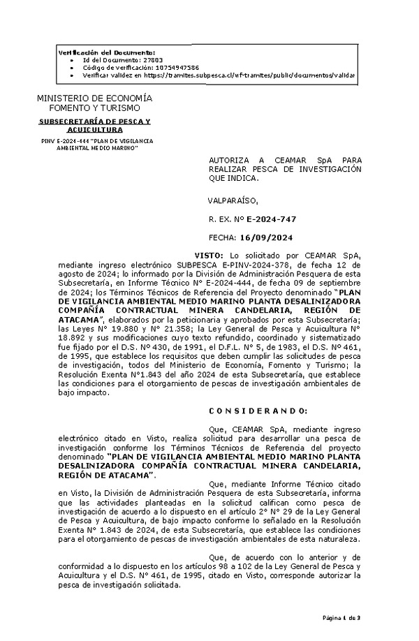 R. EX. Nº E-2024-747 AUTORIZA A CEAMAR SpA PARA REALIZAR PESCA DE INVESTIGACIÓN QUE INDICA. (Publicado en Página Web 23-09-2024)