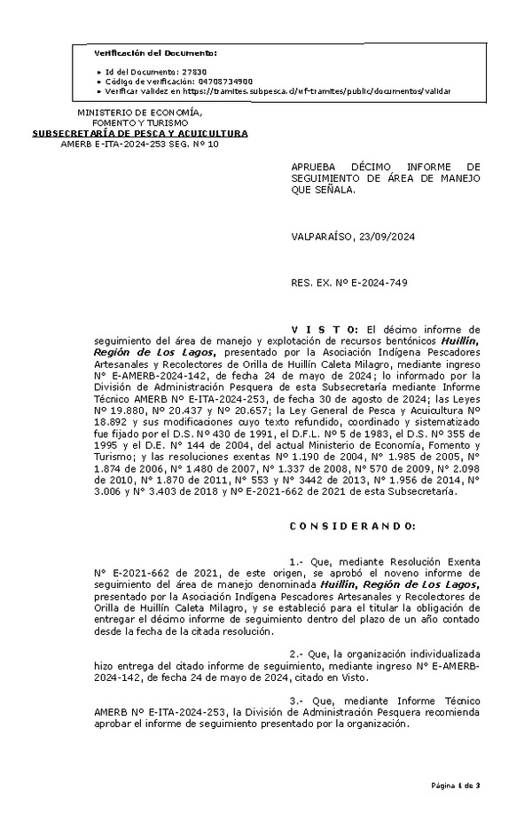 RESOL. EXENTA Nº E-2024-749 Aprueba décimo informe de seguimiento. (Publicado en Página Web 23-09-2024)