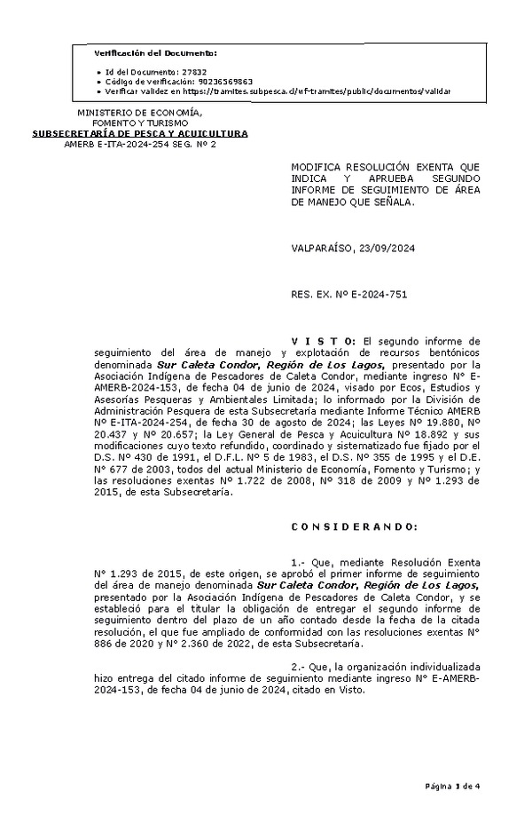 RESOL. EXENTA Nº E-2024-751 Modifica resolución que indica, aprueba segundo informe de seguimiento. (Publicado en Página Web 23-09-2024