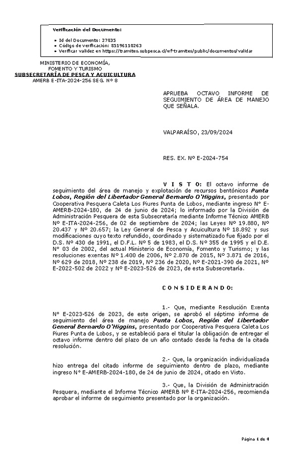 RES. EX. Nº E-2024-754 Aprueba octavo informe de seguiiento. (Publicado en Página Web 23-09-2024)