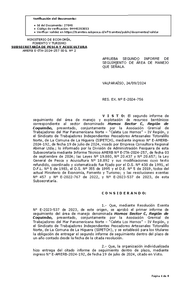 RES. EX. Nº E-2024-756 Aprueba segundo informe de seguimiento. (Publicado en Página Web 26-09-2024)