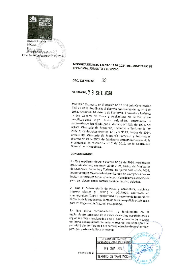 Dec. Ex. N° 39-2024 Modifica Dec. Ex. 12-2024 Establece Porcentajes de Desembarque de Especies como Fauna Acompañante, año 2024. (Publicado en Página Web 27-09-2024) (F.D.O. 27-09-2024)