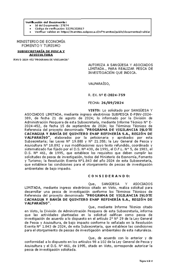 R. EX. Nº E-2024-759 AUTORIZA A SANGÜESA Y ASOCIADOS LIMITADA., PARA REALIZAR PESCA DE INVESTIGACIÓN QUE INDICA. (Publicado en Página Web 30-09-2024)