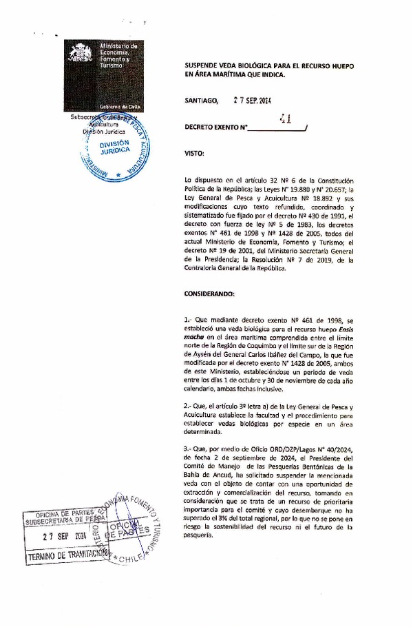 Dec. Ex. N° 41-2024 Suspende Veda Biológica para el Recurso Huepo en Marítima que Indica. (Publicado en Página Web 01-10-2024)