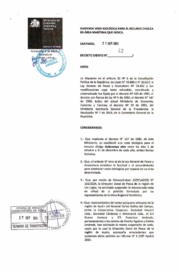 Dec. Ex. N°42-2024 Suspende Veda Biológica para el Recurso Cholga, Regiones de Los Lagos y de Aysén. (Publicado en Página Web 01-10-2024)