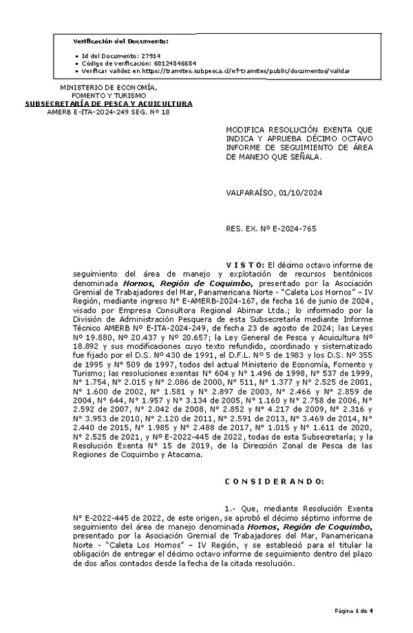 RESOL. EXENTA Nº E-2024-765 Aprueba décimo octavo informe de seguimiento. (Publicado en Página Web 02-10-2024)