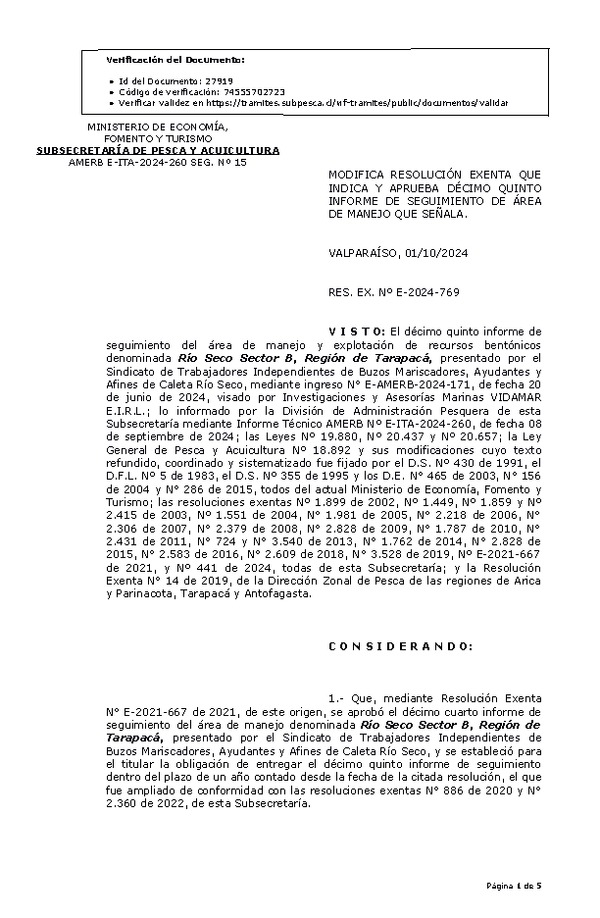 RESOL. EXENTA Nº E-2024-769 Modifica resolución que indica, Aprueba décimo quinto informe de seguimiento. (Publicado en Página Web 02-10-2024)