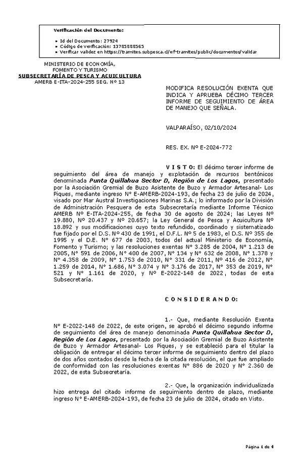 RESOL. EXENTA Nº E-2024-772 Modifica resolución que indica, aprueba décimo tercer informe de seguimiento. (Publicado en Página Web 02-10-2024)