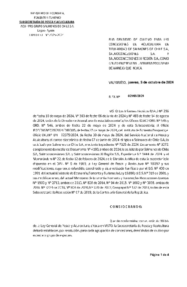 Res. Ex. N° 2165-2024 Fija densidad de cultivo para las concesiones de acuicultura de titularidad de Salmones de Chile S.A. Salmoconcesiones S.A. y Salmoconcesiones XI Región S.A., como grupo empresarial. Aprueba Programa de Manejo que Indica. (Con informe técnico) (Publicado en Página Web 04-10-2024)