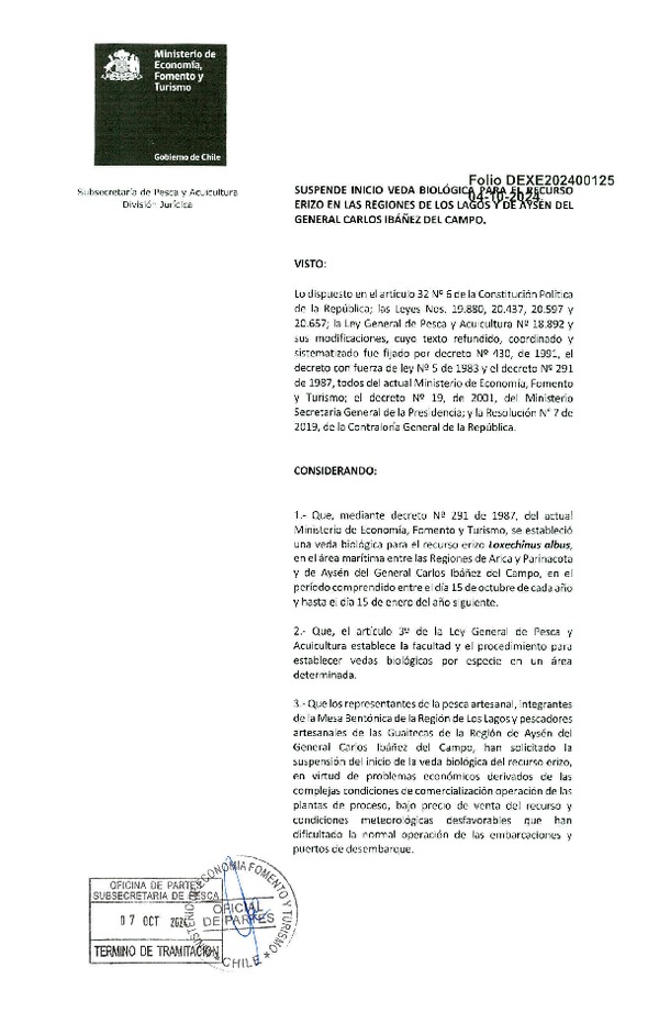 Dec. Ex. Folio N° 202400125 Suspende Inicio Veda Biológica para el Recurso Erizo en las Regiones de Los Lagos y de Aysén del General Carlos Ibáñez del Campo. (Publicado en Página Web 08-10-2024)